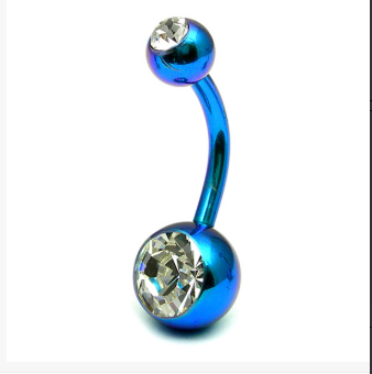 Double Gem Titanium Turquoise Belly Bar With Clear Gems